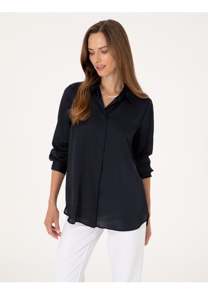 Kadın Lacivert Comfort Fit Saten Uzun Kollu Gömlek 50313588-VR033 modelleri