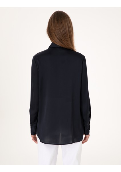 Kadın Lacivert Comfort Fit Saten Uzun Kollu Gömlek 50313588-VR033 indirimleri