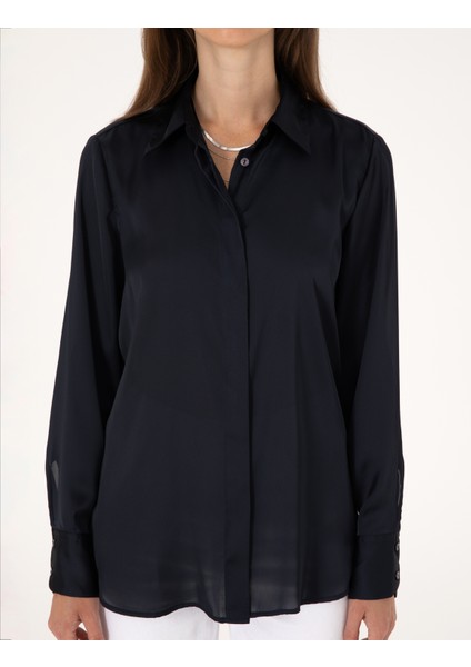 Kadın Lacivert Comfort Fit Saten Uzun Kollu Gömlek 50313588-VR033