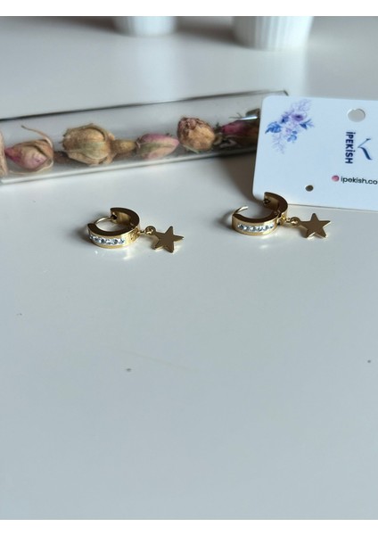 Yıldız Sallantılı Zirkon Taşlı Halka Küpe – Gold Renk, Paslanmaz Çelik