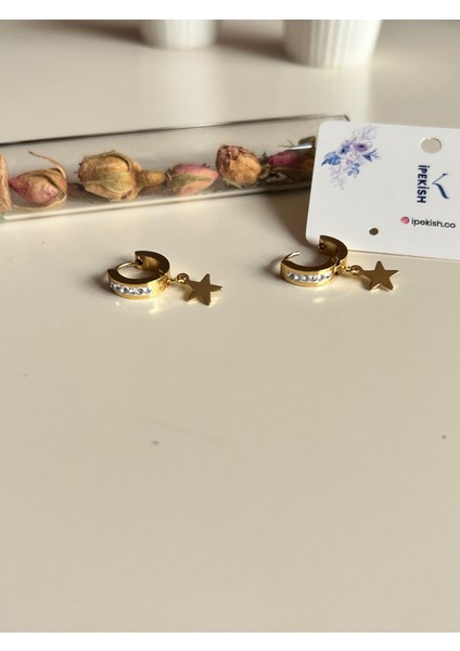 Yıldız Sallantılı Zirkon Taşlı Halka Küpe – Gold Renk, Paslanmaz Çelik fiyatları