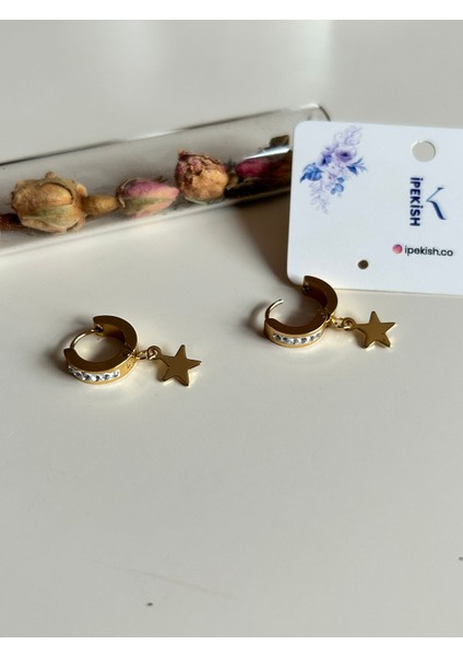 Yıldız Sallantılı Zirkon Taşlı Halka Küpe – Gold Renk, Paslanmaz Çelik modelleri