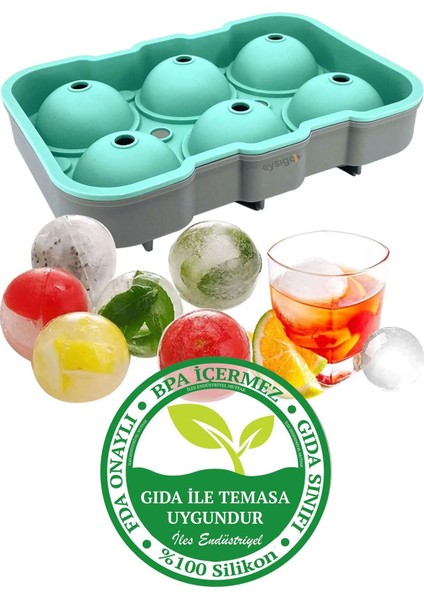 Yeşil Gri Büyük Silikon Top Buz Kalıbı, 6'lı, 130x190 mm