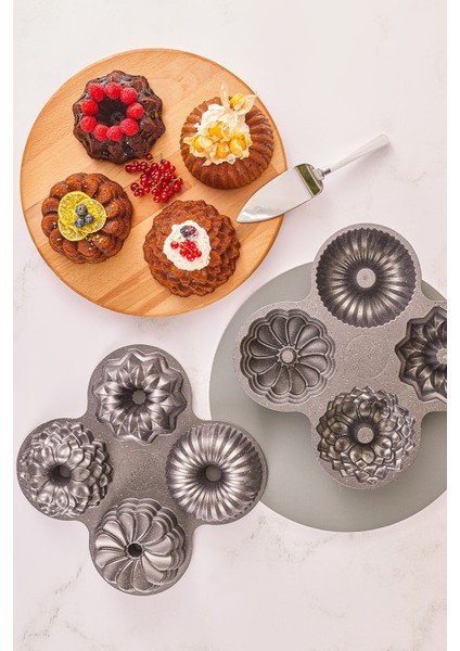 Gri Çok Amaçlı Kek Kalıbı, Alüminyum, 4'lü Set
