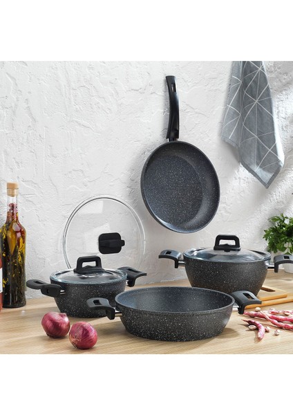 7 Parça Granit Tencere Seti, Yapışmaz Taban, Antrasit Renkli Rahat Kullanım