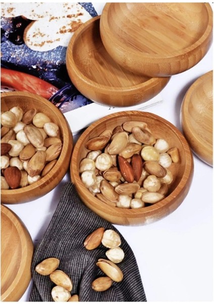 Altı adet bambu yuvarlak sunum kasesi, doğal ve şık tasarım, 100-249 ml, çerezlik seti