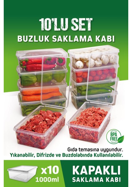 10'lu 1 Lt. Şeffaf Kapaklı Dondurucu Saklama Kabı Seti, Beyaz, dayanıklı plastik