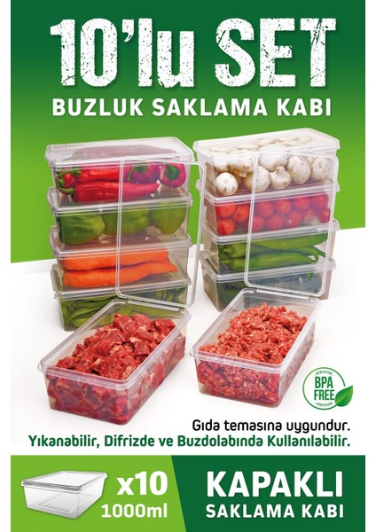 10'lu 1 Lt. Şeffaf Kapaklı Dondurucu Saklama Kabı Seti, Beyaz, dayanıklı plastik