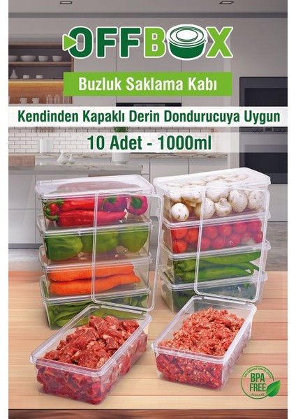 10'lu 1 Lt. Şeffaf Kapaklı Dondurucu Saklama Kabı Seti, Beyaz, dayanıklı plastik
