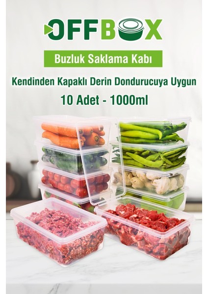 10'lu 1 Lt. Şeffaf Kapaklı Dondurucu Saklama Kabı Seti, Beyaz, dayanıklı plastik