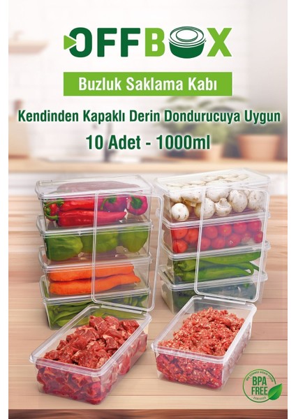 10'lu 1 Lt. Şeffaf Kapaklı Dondurucu Saklama Kabı Seti, Beyaz, dayanıklı plastik