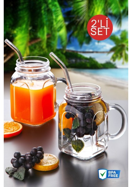 Beyaz 2'li cam kavanoz ve bardak seti, pipet hediye, BPA free, şık ve kullanışlı