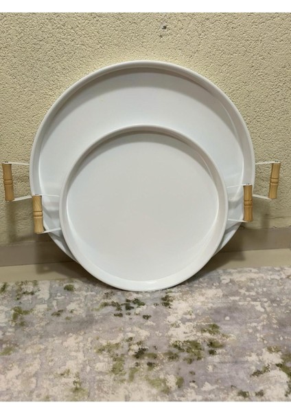 Beyaz 2'li ahşap kulplu galvaniz yuvarlak sunum tepsisi, 50x37cm fiyatları