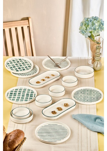 14 Parça Seramik Kahvaltı Takımı, 6 Kişilik, Yeşil Beyaz, Sunum Tabağı, Stackable