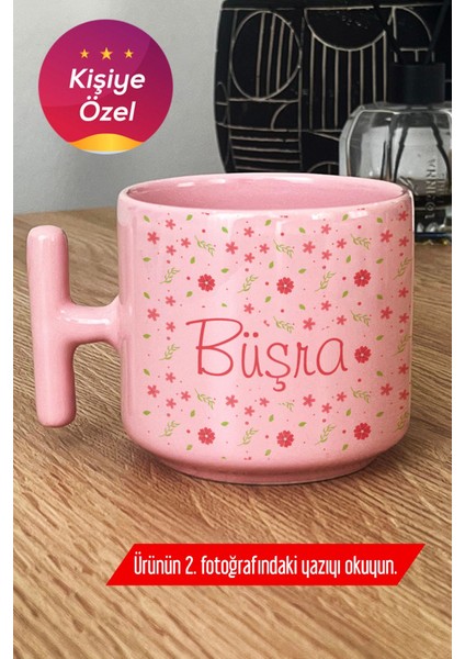 Kişiye Özel Pembe Çiçek Desenli Seramik Kupa Bardak, 1 Parça