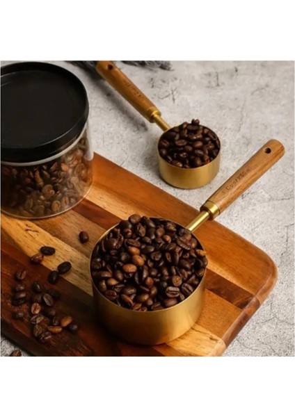 4'lü Paslanmaz Çelik Ahşap Saplı Ölçü Kaşığı Seti, 60ml-250ml, Altın Renk