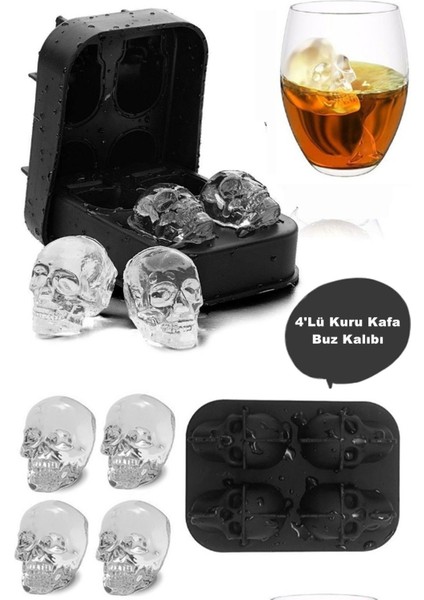 Dörtlü Kuru Kafa Silikon Buz Kalıbı, 3D Tasarım, Kokteyl ve Viski İçin, Eğlenceli ve Şık