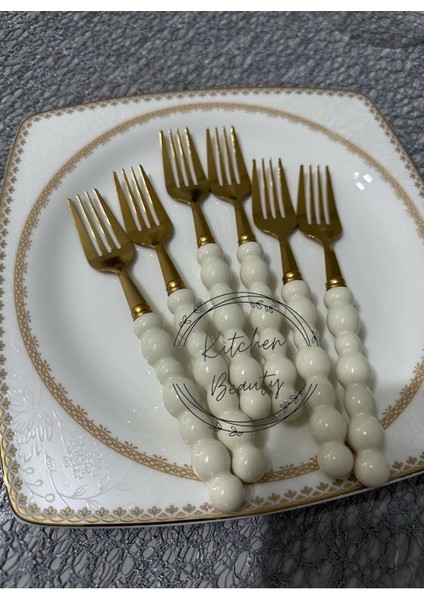 Altı Parça Beyaz Plastik İnci Taşlı Gold Tatlı Çatal Takımı 6 Kişilik fiyatları