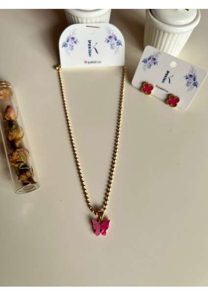 Gold Zincir Pembe Kelebek Sallantılı Kolye ve Pembe Van Cleef Model Çelik Küpe Seti