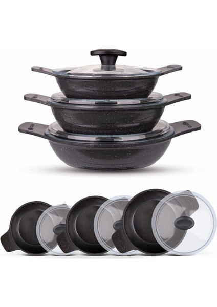 Gri 6 Parça Güveç Sahan Seti, dayanıklı ve şık mutfak gereci, yapışmaz taban