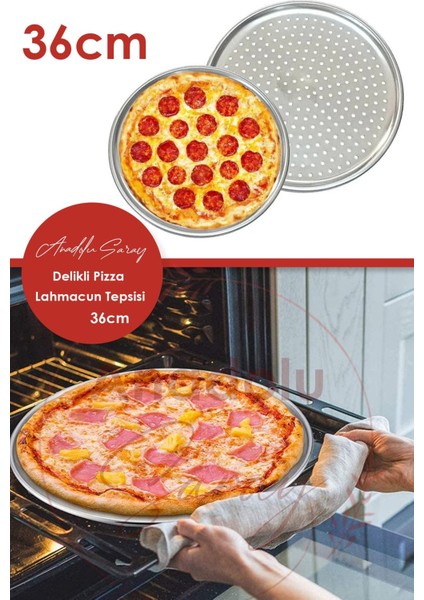 36cm delikli paslanmaz çelik pizza ve lahmacun tepsisi, dayanıklı ve kullanışlı metalik tasarım