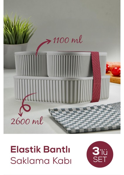 3'lü elastik saklama kabı seti, pratik ve istiflenebilir, gri renkli, dayanıklı plastik