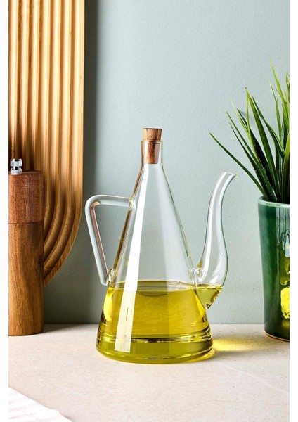 Şeffaf 500 ml borosilikat cam yağdanlık, akasya kapak, şık tasarım