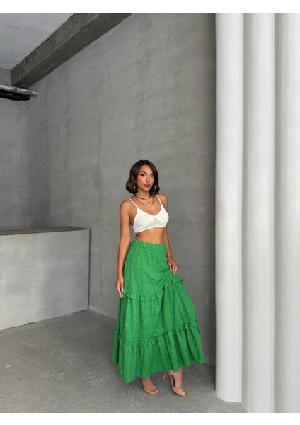 Fırfırlı Brodeli Astarlı Uzun Etek Yeşil S255047 fırsatları
