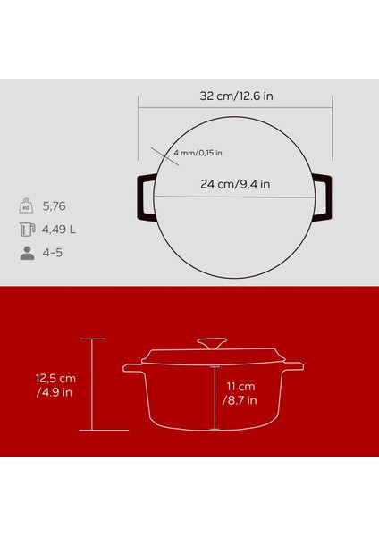 Kırmızı döküm yuvarlak tencere, 24cm, dayanıklı ve şık tasarım fırsatları