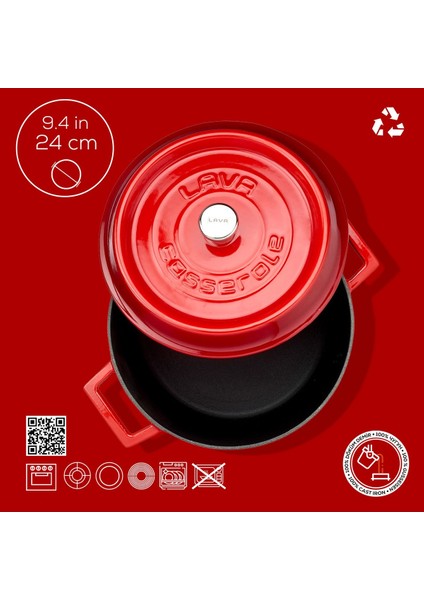 Kırmızı döküm yuvarlak tencere, 24cm, dayanıklı ve şık tasarım
