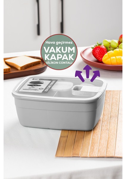 Gri 2 Katlı Vakumlu Bölmeli Beslenme Çantası, Kaşık ve Sosluklu, Pratik ve Hafif Tasarım fiyatları