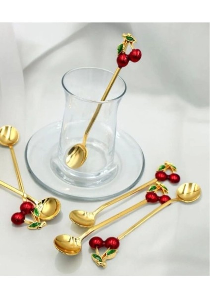 6'lı kiraz desenli şık dekoratif çay kaşığı seti, titanyum malzeme, kullanışlı tasarım fiyatları