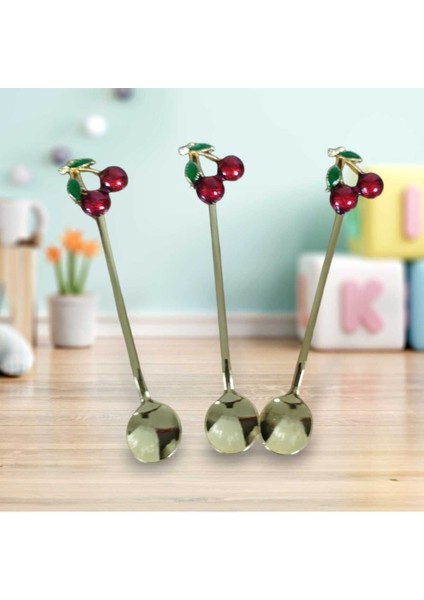 6'lı kiraz desenli şık dekoratif çay kaşığı seti, titanyum malzeme, kullanışlı tasarım modelleri