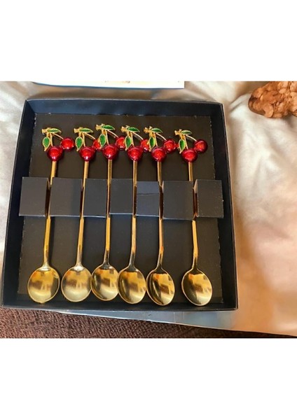 6'lı kiraz desenli şık dekoratif çay kaşığı seti, titanyum malzeme, kullanışlı tasarım fırsatları