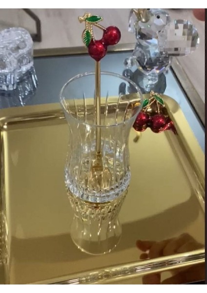 6'lı kiraz desenli şık dekoratif çay kaşığı seti, titanyum malzeme, kullanışlı tasarım