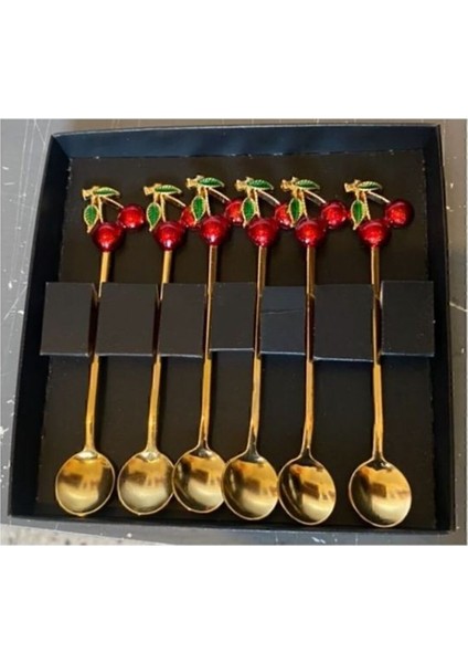 6'lı kiraz desenli şık dekoratif çay kaşığı seti, titanyum malzeme, kullanışlı tasarım