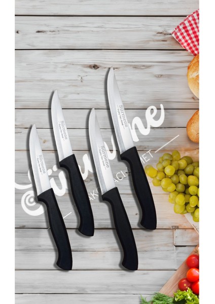 Paslanmaz Çelik 4'lü Mutfak Bıçakları Seti, Ekmek, Et, Sebze, Meyve, Siyah Plastik Sap