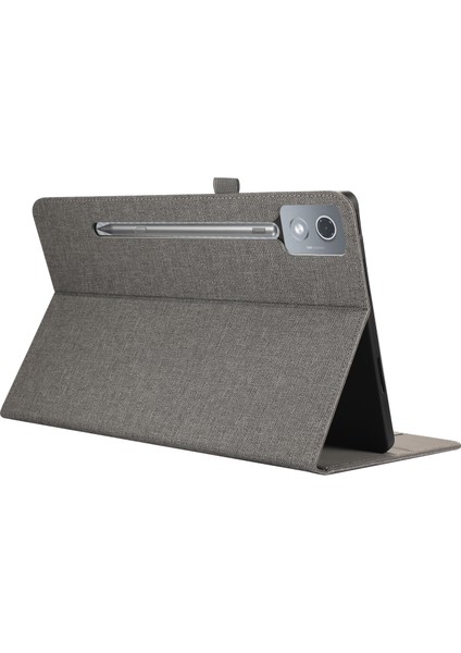 Lenovo Xiaoxin Pad Pro 12.7 Inç Deri Kılıf Kart Tutucu Kumaş Doku Tablet Standı Kapağı-Gri (Yurt Dışından)