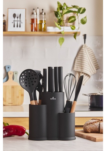 14 Parça Ahşap Servis ve Bıçak Seti, şık ve kullanışlı paslanmaz çelik tasarım