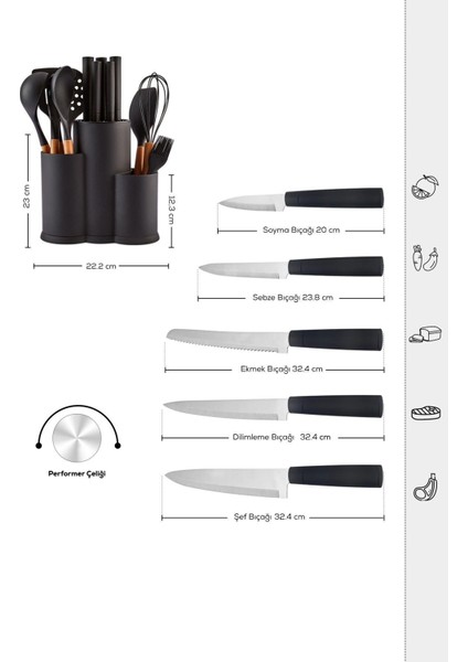 14 Parça Ahşap Servis ve Bıçak Seti, şık ve kullanışlı paslanmaz çelik tasarım