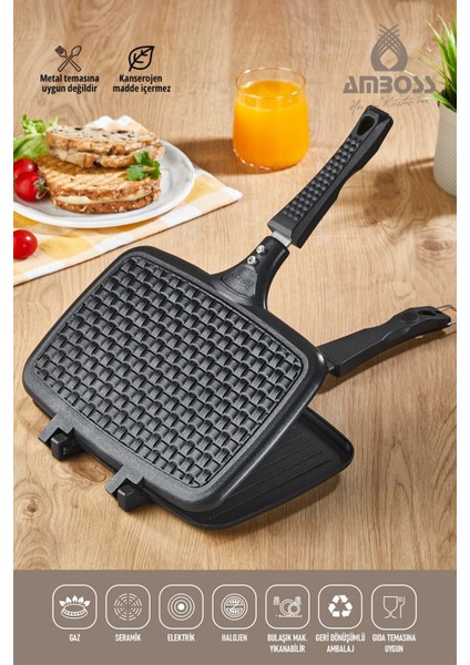 Kuv-0274 Kuvars Ocak Üstü Döküm El Tost Makinesi, Siyah, Yapışmaz Taban