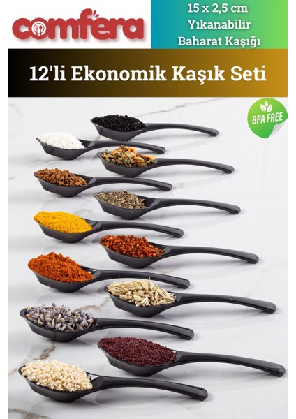 12'li Siyah Baharat Kaşığı Seti, Yıkanabilir, Koku Yapmaz, Saklama Kabı Uyumlu