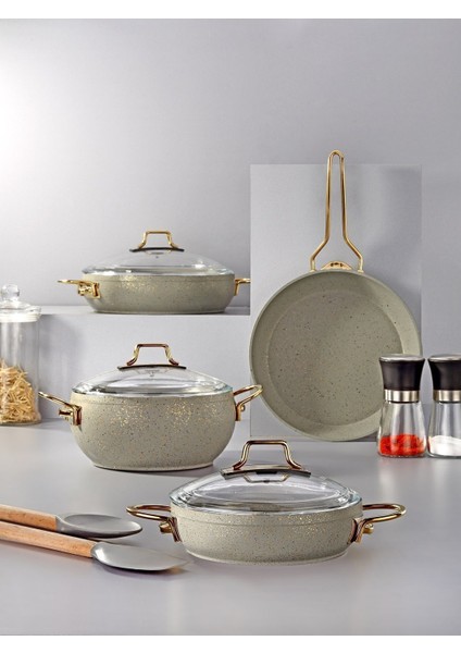7 Parça Gri Granit Tencere ve Tava Seti, Gold Kulp, Yapışmaz Taban, Alüminyum, Dayanıklı