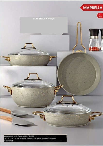 7 Parça Gri Granit Tencere ve Tava Seti, Gold Kulp, Yapışmaz Taban, Alüminyum, Dayanıklı