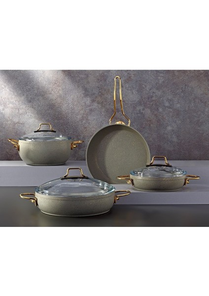 7 Parça Gri Granit Tencere ve Tava Seti, Gold Kulp, Yapışmaz Taban, Alüminyum, Dayanıklı