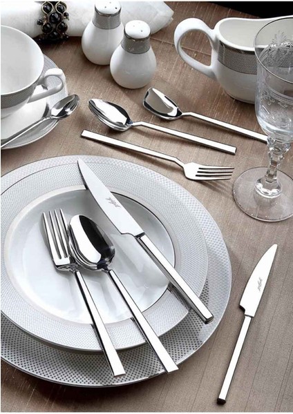 12 Kişilik Parlak Çelik Düz Kaşık Çatal Seti, 60 Parça, Beyaz Renk, Zarif ve Şık Tasarım
