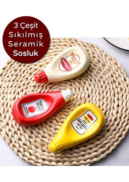 Renkli 3'lü seramik sosluk seti, ketçap, mayonez ve hardal için ideal