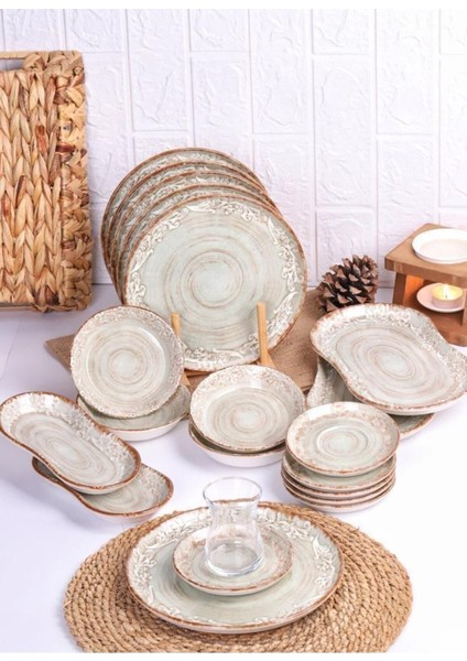 6 Kişilik Porselen Kahvaltı Takımı, Yeşil, BPA Free, Dayanıklı ve Şık Tasarım