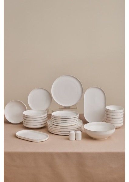 6 kişilik şık bone china yemek takımı, altın detaylar, 29 parça, modern tasarım