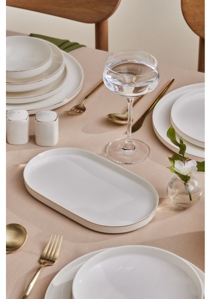 6 kişilik şık bone china yemek takımı, altın detaylar, 29 parça, modern tasarım